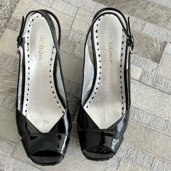 BCBG Black Patent Wedge Sandals - Picture 4 of 5